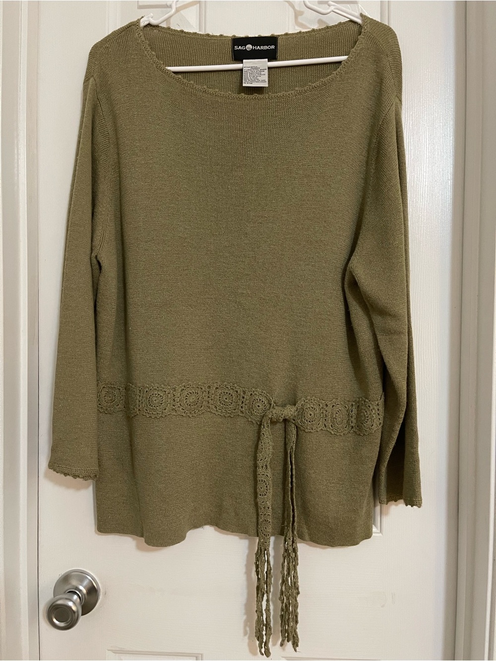 Sag Harbor Olive Green Knit Scoop-Neck Sweater with Crochet Tie